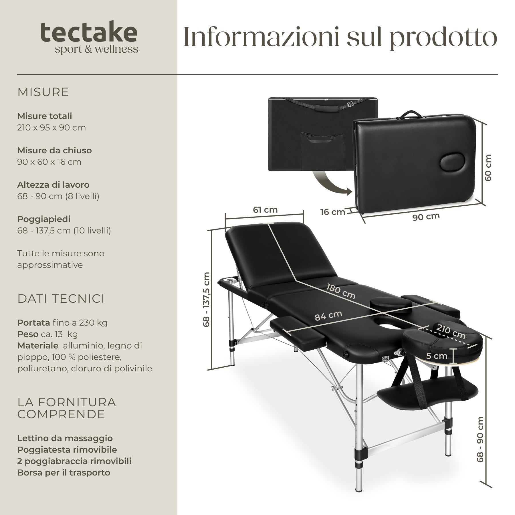 Table de massage en vinyle, pliable, 3 zones, rembourrage épais, appui-tête amovible, noir TECTAKE - 6