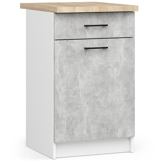 Armoires de cuisine basse AKORD S50 OLIWIA Blanc 50 cm 1 porte 1 tiroir façade Béton 2 étagères 50x46x85 cm