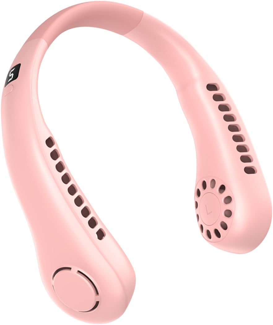 Różowy, bezłopatkowy, przenośny wentylator na szyję, 5 prędkości, cyfrowy wyświetlacz, duża pojemność 3000 mAh, mały, akumulatorowy wentylator ręczny