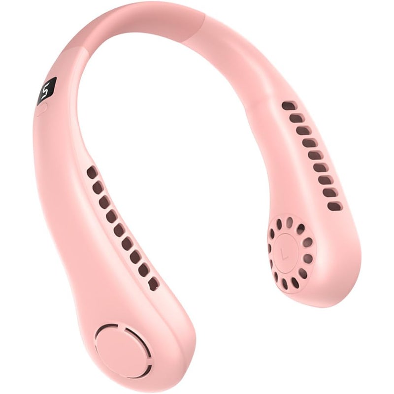 Różowy, bezłopatkowy, przenośny wentylator na szyję, 5 prędkości, cyfrowy wyświetlacz, duża pojemność 3000 mAh, mały, akumulatorowy wentylator ręczny