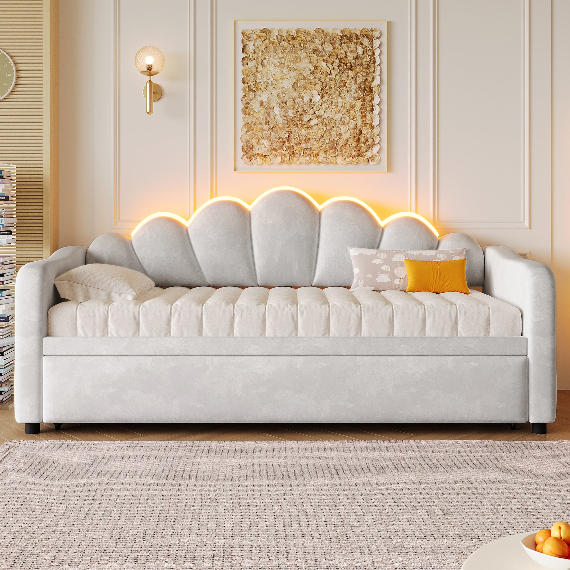 Łóżko wysuwane 90 x 200 cm z zagłówkiem i oświetleniem LED - MDF, sklejka i aksamit - 10 listew - Szare (Materac nie jest wliczony w cenę) - 3