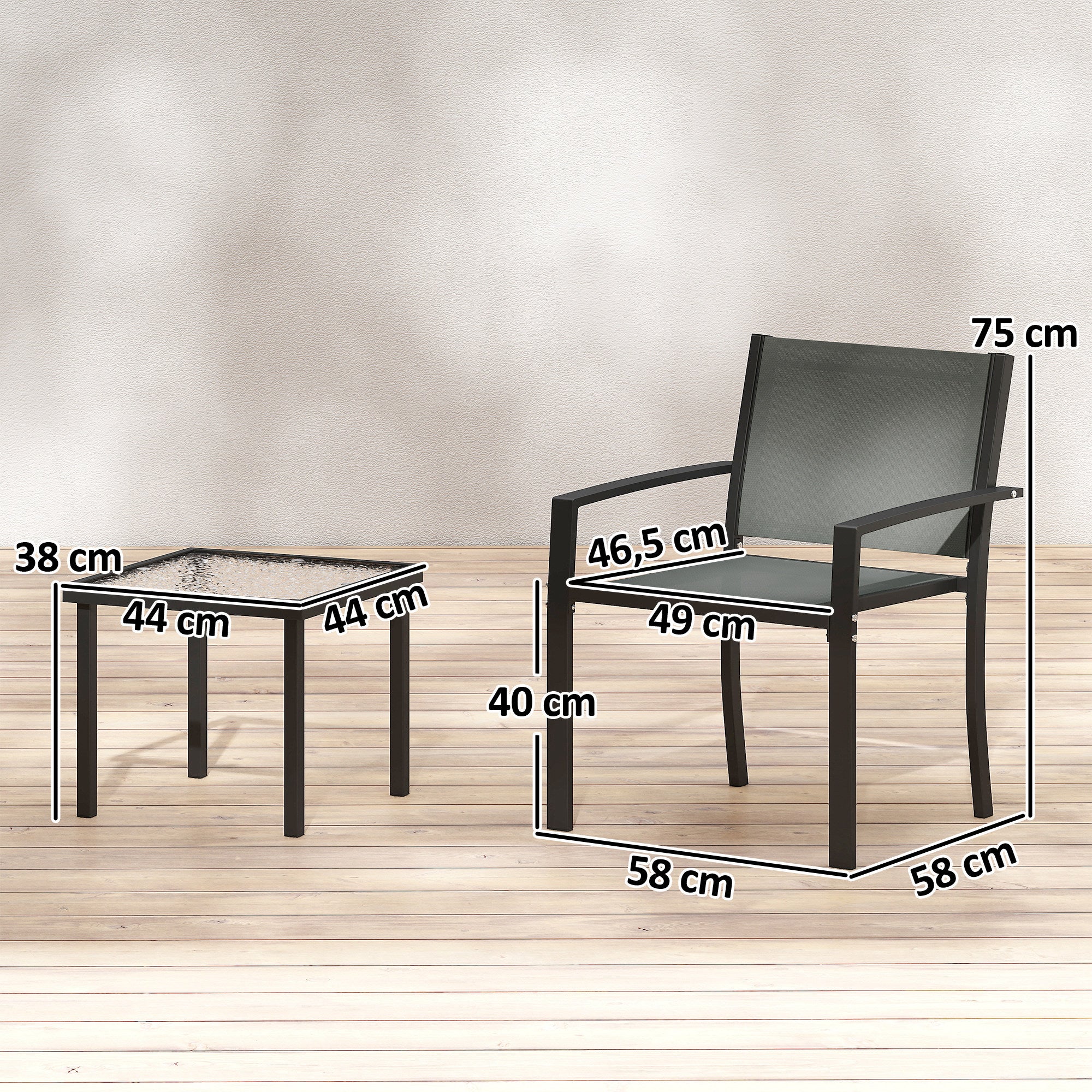Ensemble table terrasse extérieure 3 pièces chaises 2 chaises textile table verre trempé, gris clair - 5