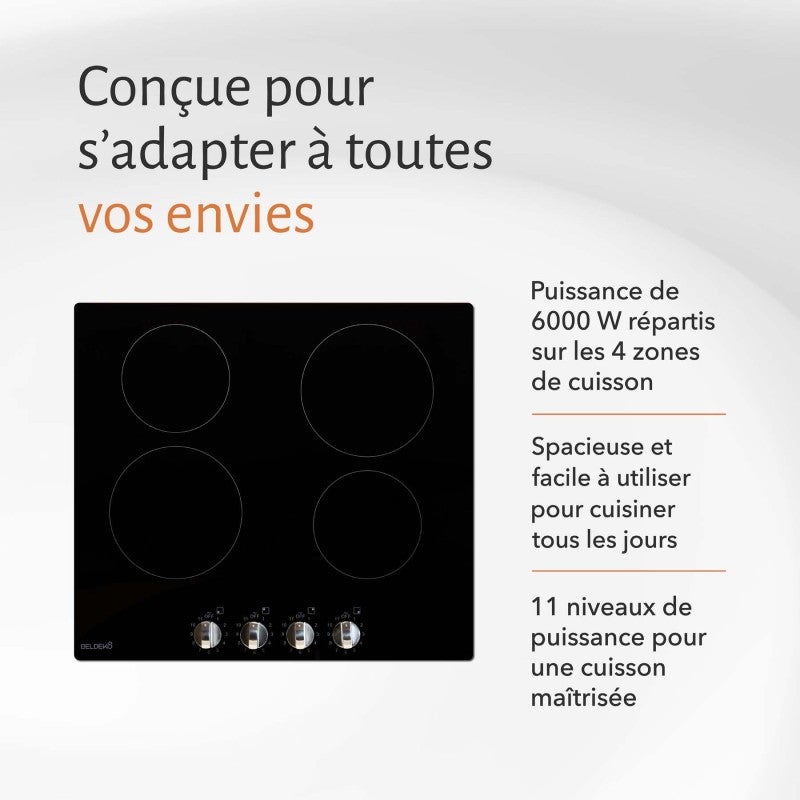 BELDEKO - Plaque de Cuisson Vitrocéramique 4 Foyers Encastrable avec Boutons de contrôle - 6000W - 3