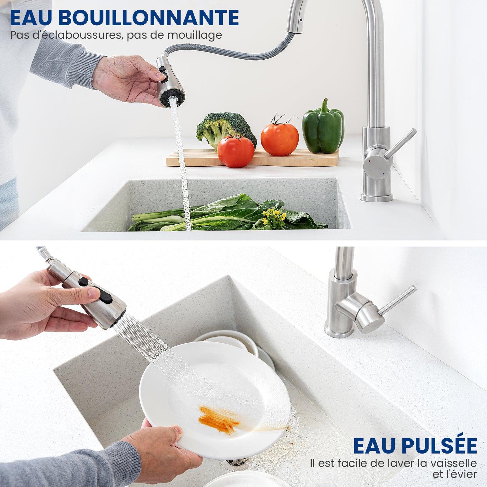 Brossé Mitigeur Evier Avec Douchette Extractible - Robinet de Cuisine à 2 Modes de Pulvérisat - Mitigeur Evier Avec Barboteur Démotable - 4