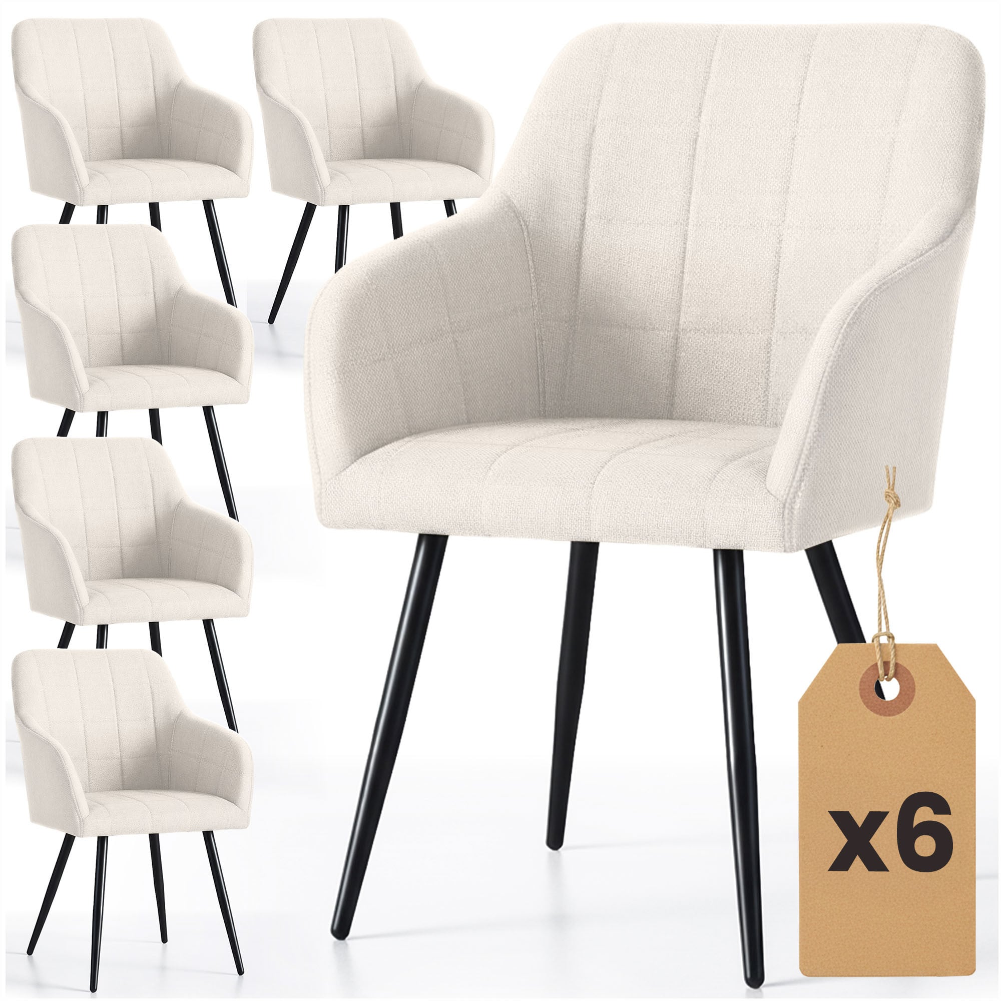 6x Krzesło tapicerowane z przeszyciami kwadratowymi Kremowe LUXANO Czarne nogi tkanina Lumos
