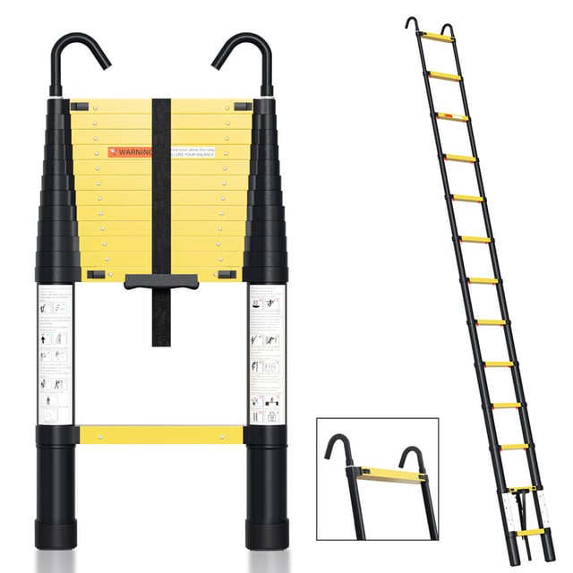 Scala Telescopica Fino A 150 Kg Stabile Scaletta In Alluminio 3,8 M Giallo+Nero Con Pulsante Di Rimozione ON