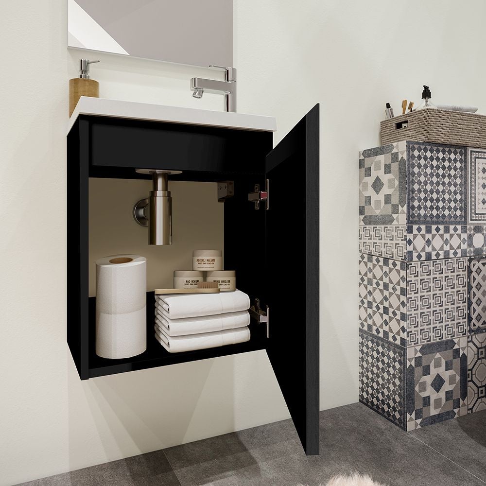 Ensemble meuble lave-mains avec miroir PORTO PACK- noir brillant - L40 x H51 x P25 cm - 3