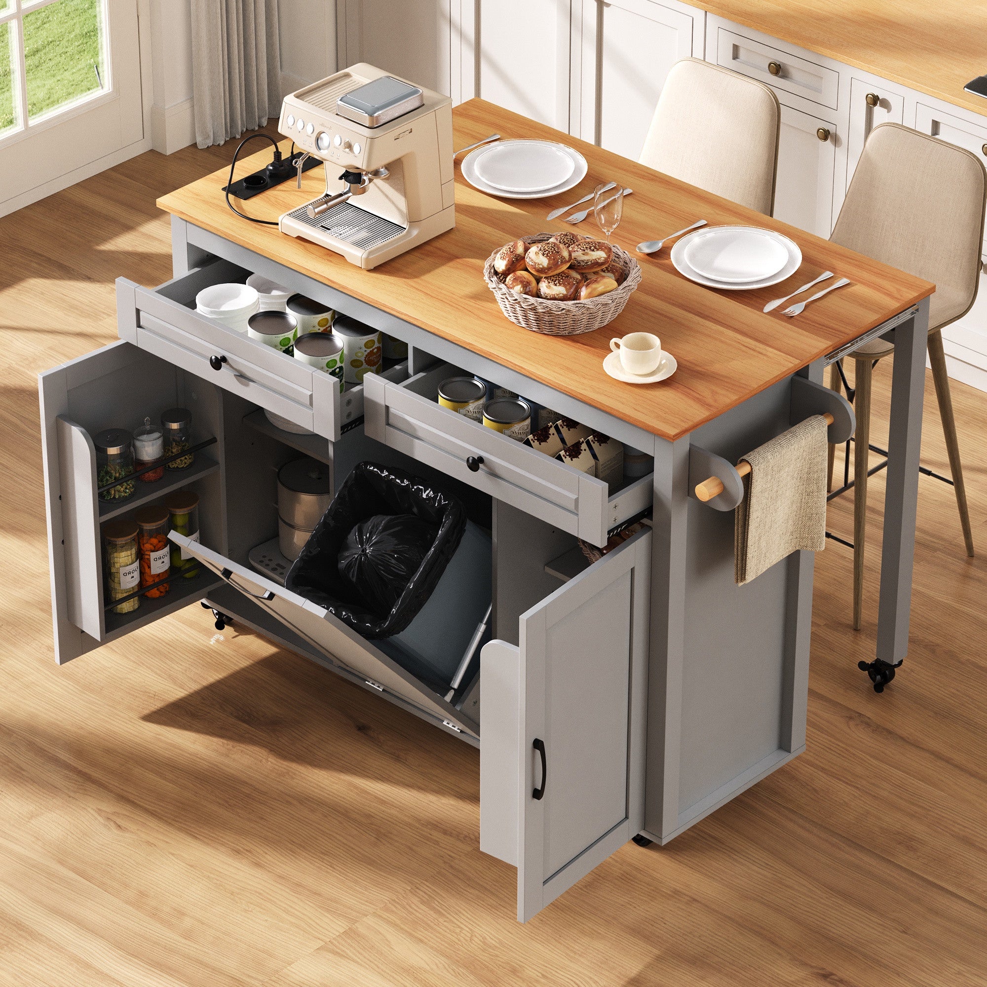 Carrito de cocina - 120 x 40-75 x 92 cm - extensible con encimera y compartimento para la basura - con regleta - gris