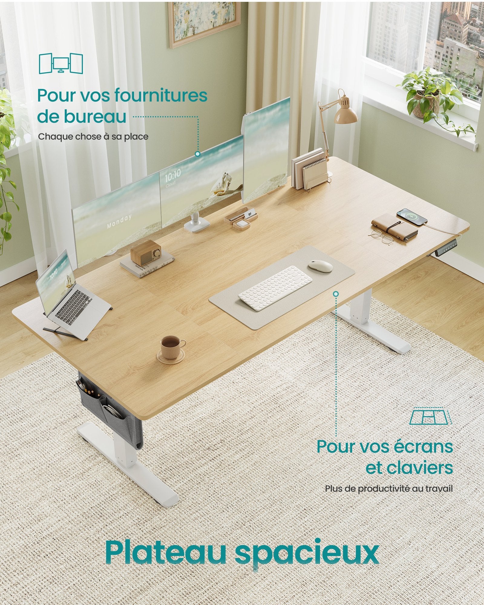 Bureau Électrique Réglable en Hauteur, 180 x 80 cm, Fonction Mémoire 4 Hauteurs, Port USB-C, Organiseur, pour Télétravail, Doré Chêne - 4