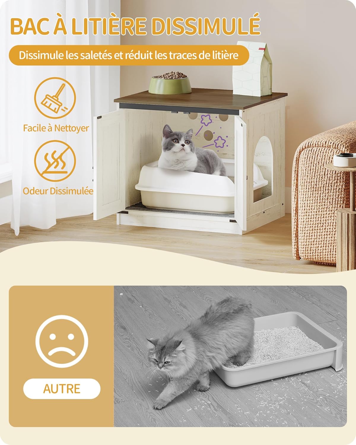 Caixa de areia para gatos, armário para areia com divisória amovível, casota para gatos, entrada reversível (esquerda ou direita), castanho e branco. - 5