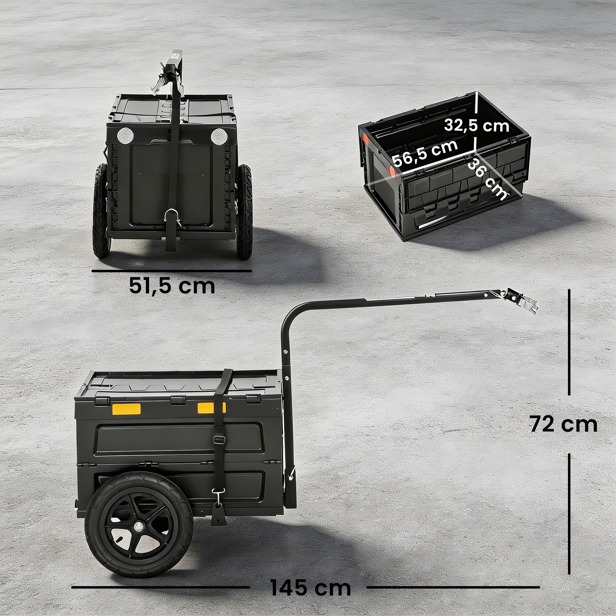 Remorque vélo cargo - chariot de transport - SPORTNOW - pliable caisse plastique 65L et couvercle - acier - 145x51,5x72cm - noir - 3