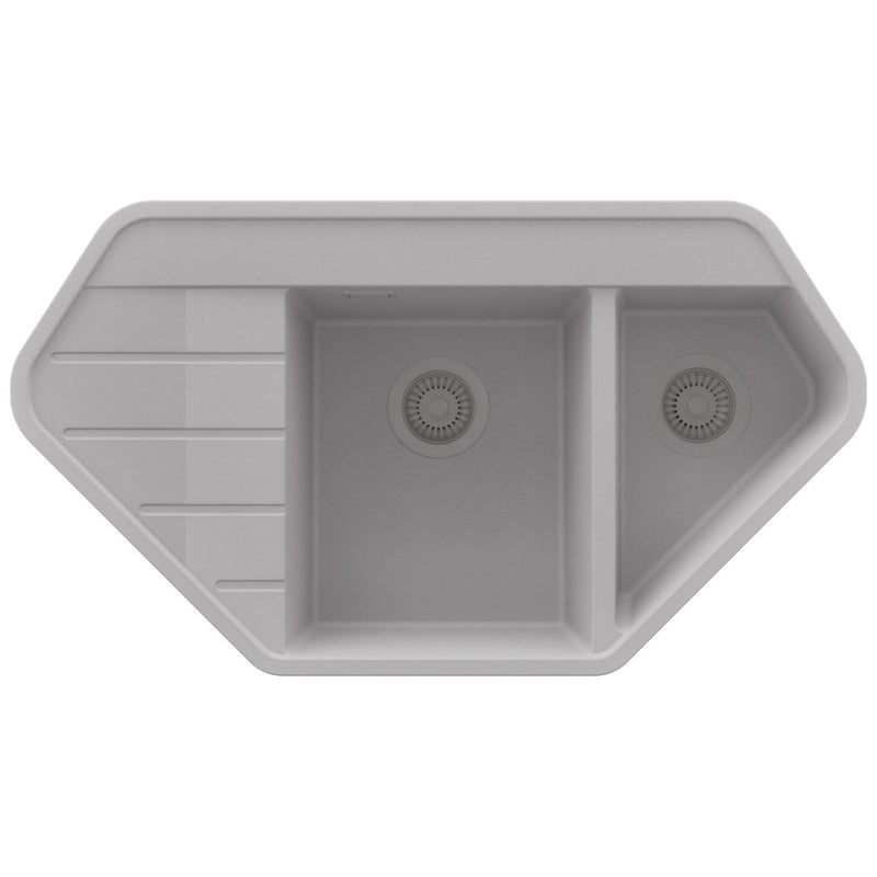 Zlewozmywak Narożny Szary 90x50cm, Zlew Kuchenny 1,5 Komorowy + Syfon, Nablatowy do szafki od 70cm - Kopenhaga Corner PRIMAGRAN