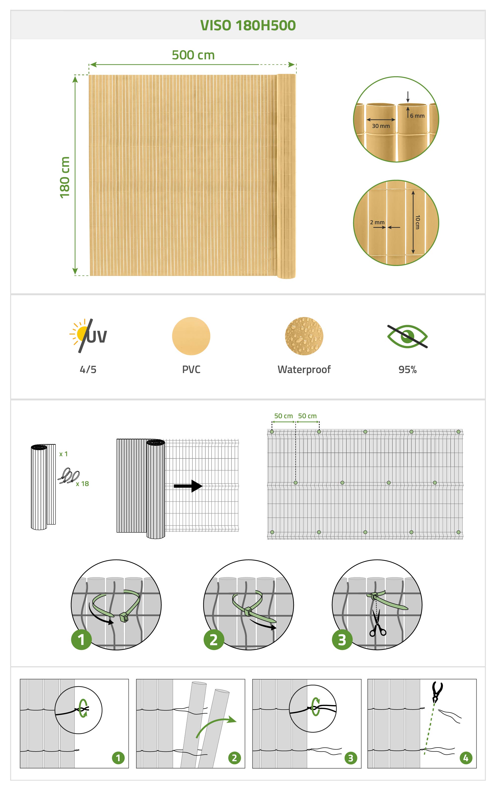 Siatka trzcinowa PCV VISO, 5m x 1,8m, beżowa