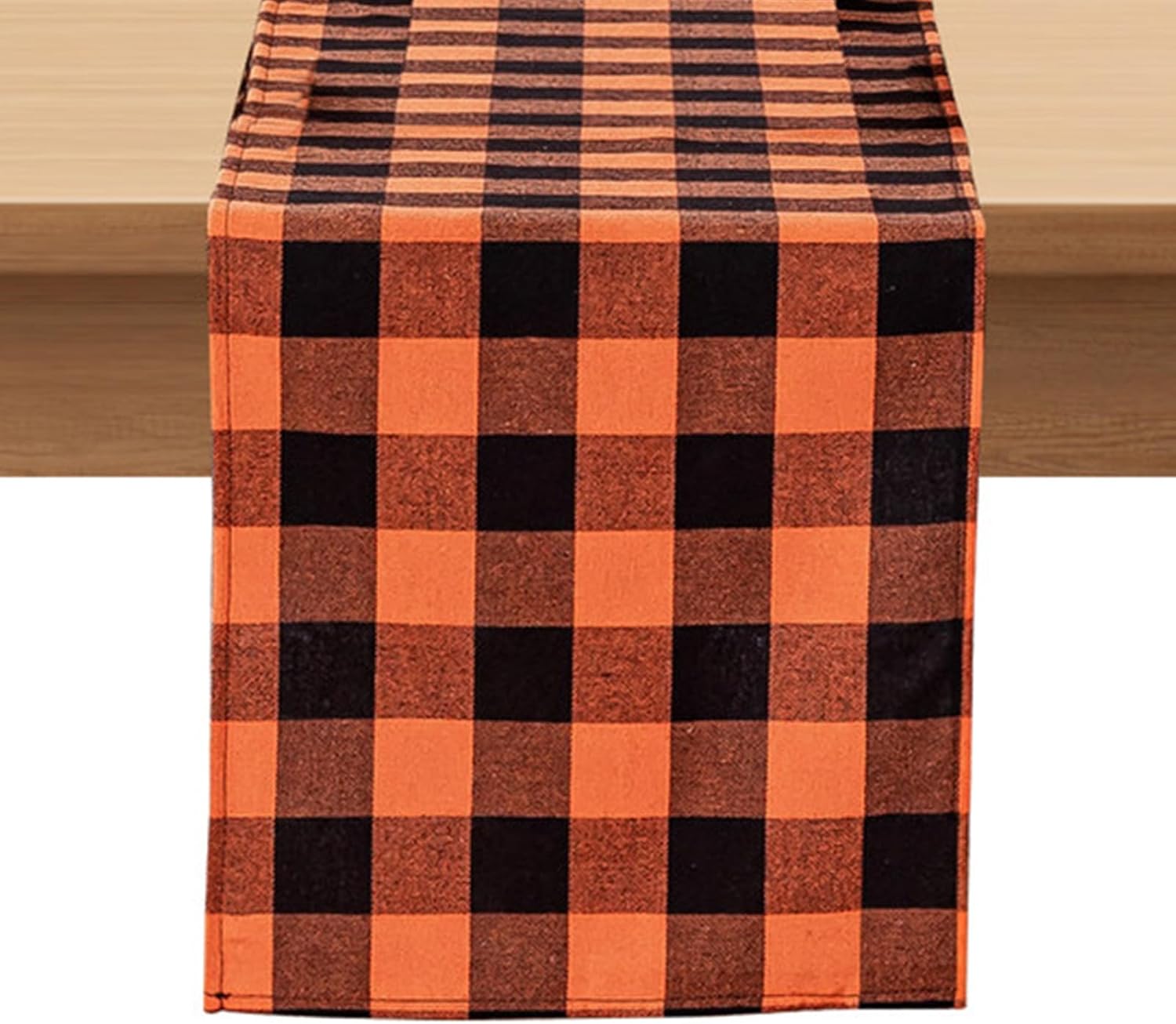 Bieżnik w jesienną kratkę – Pomarańczowy tartan i wzór bawołu – Zmywalna i odporna na plamy dekoracja stołu na Halloween i Święto Dziękczynienia