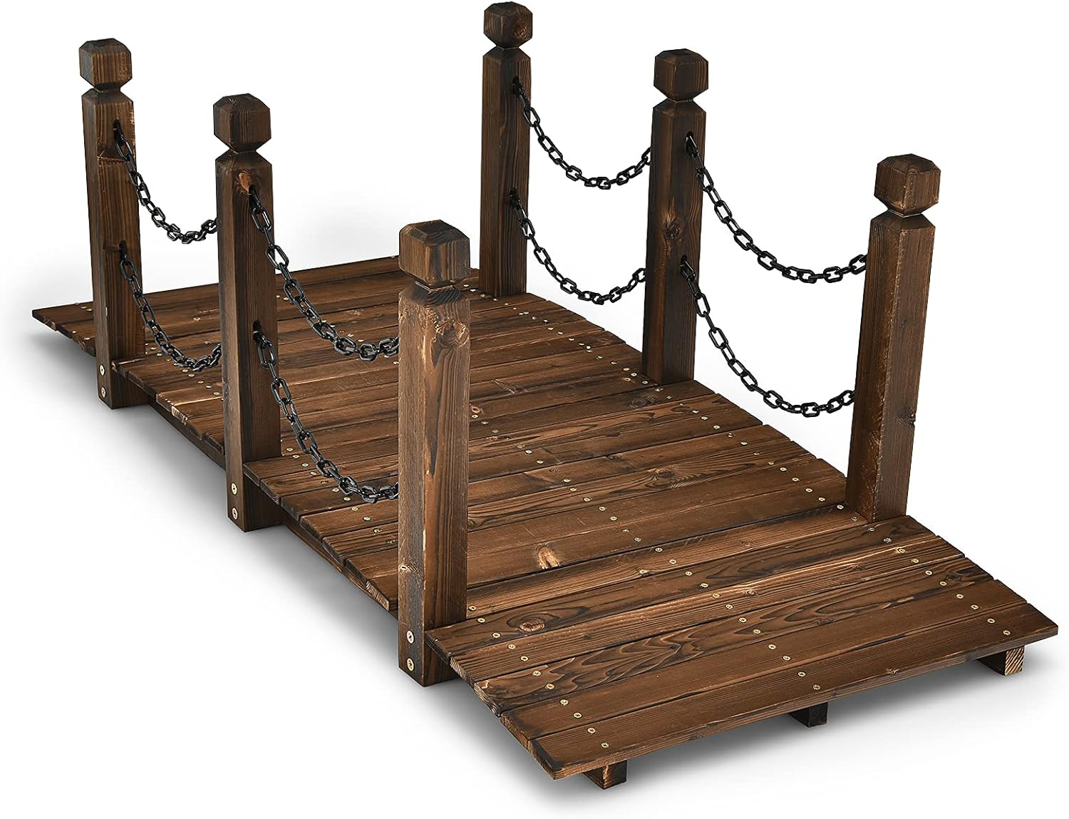 Drewniany Most Ogrodowy z Drewna Sosnowego, Stary Most Krajobrazowy, Most Dekoracyjny o Wymiarach 150 × 67 × 55 cm (Brązowy z Łańcuchami)