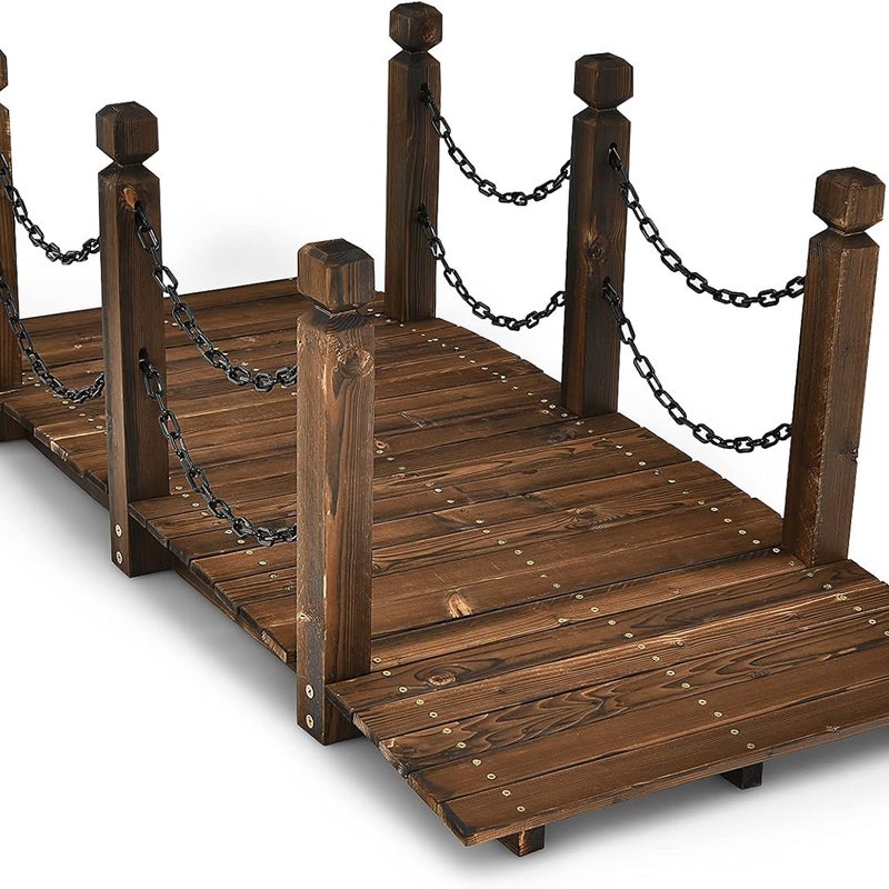 Drewniany Most Ogrodowy z Drewna Sosnowego, Stary Most Krajobrazowy, Most Dekoracyjny o Wymiarach 150 × 67 × 55 cm (Brązowy z Łańcuchami)