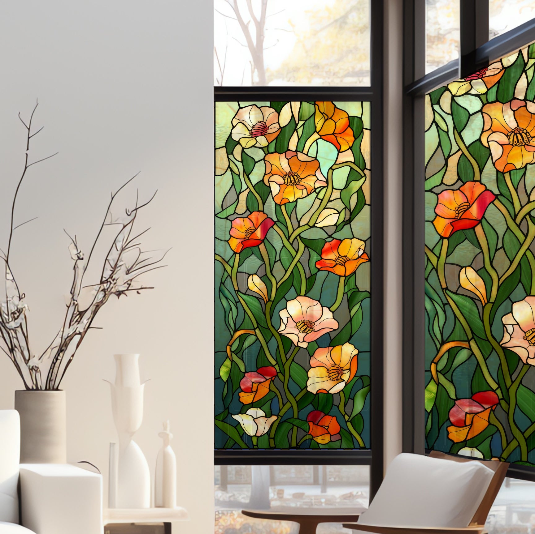 Pegatinas decorativas electrostáticas, flores de campo, efecto de vidrieras, 150 cm x 67.5 cm