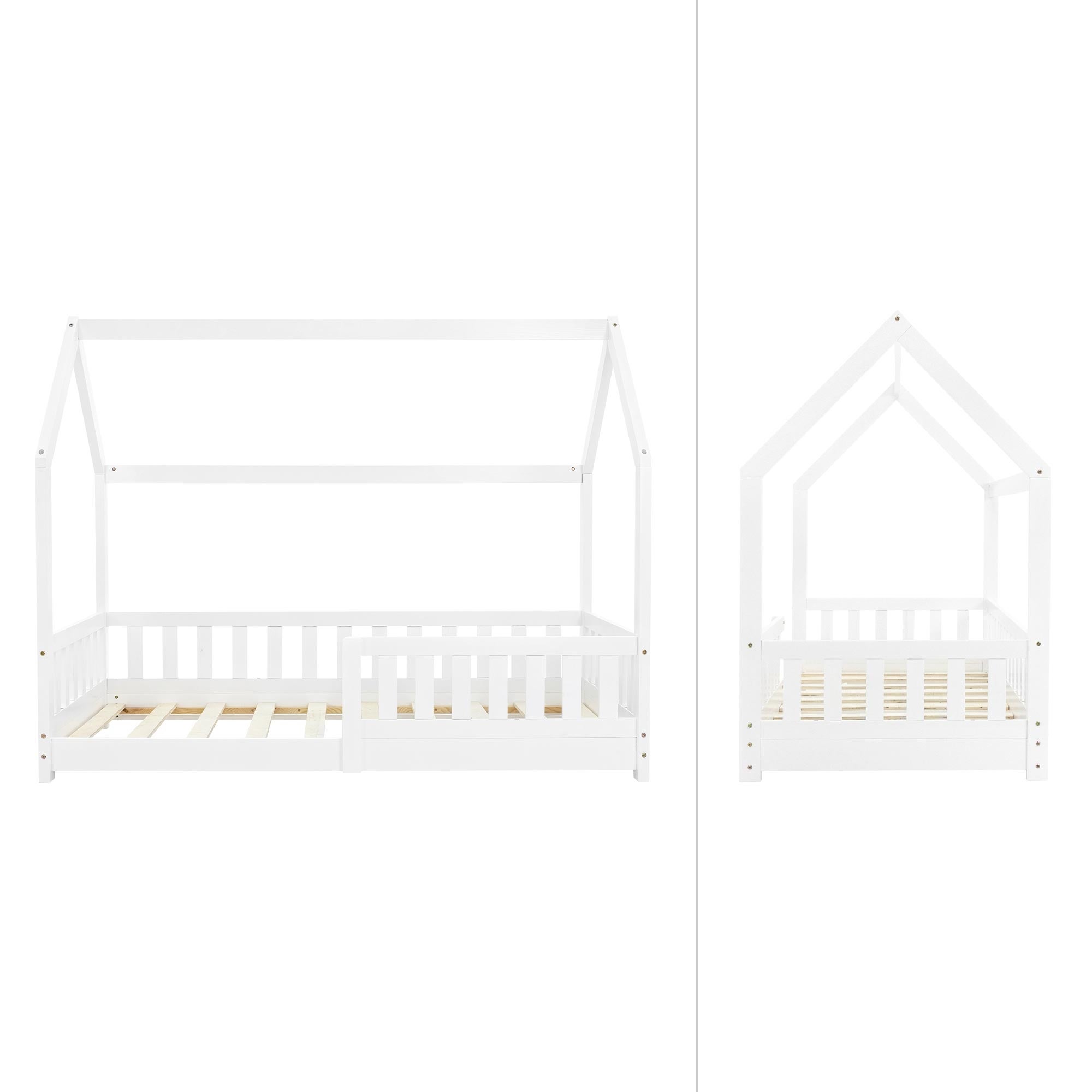 ML-Design łóżko dziecięce domek 80x160 cm biały z barierką dachem i stelażem listwowym z litego drewna sosnowego dla dziewczynek i chłopców - 2