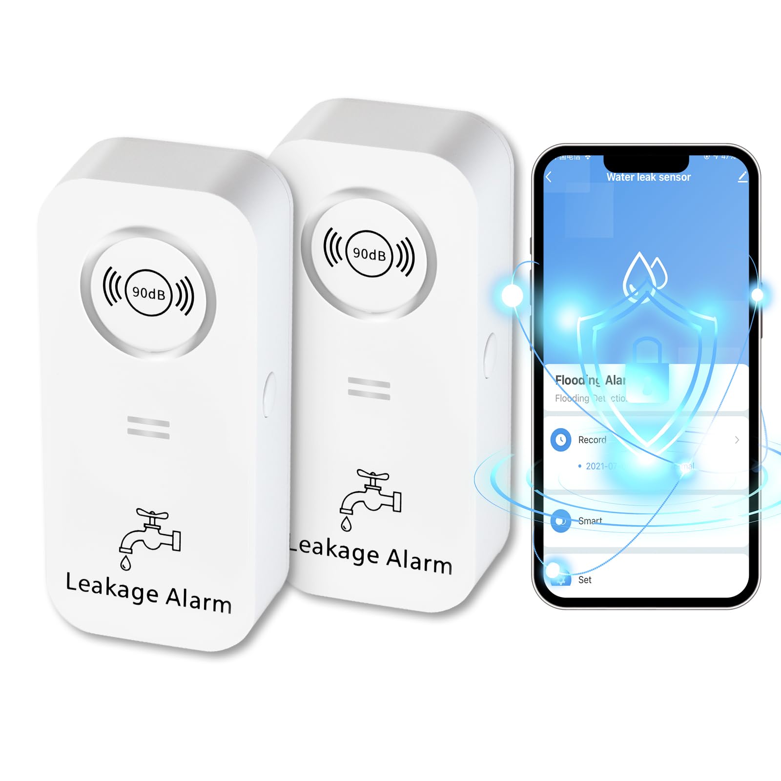 Czujnik zalania WiFi 2,4 G, Czujnik 90 DB, Bezprzewodowy alarm do rur, pokoju, kuchni, łazienki, piwnicy - Zestaw 2 szt.