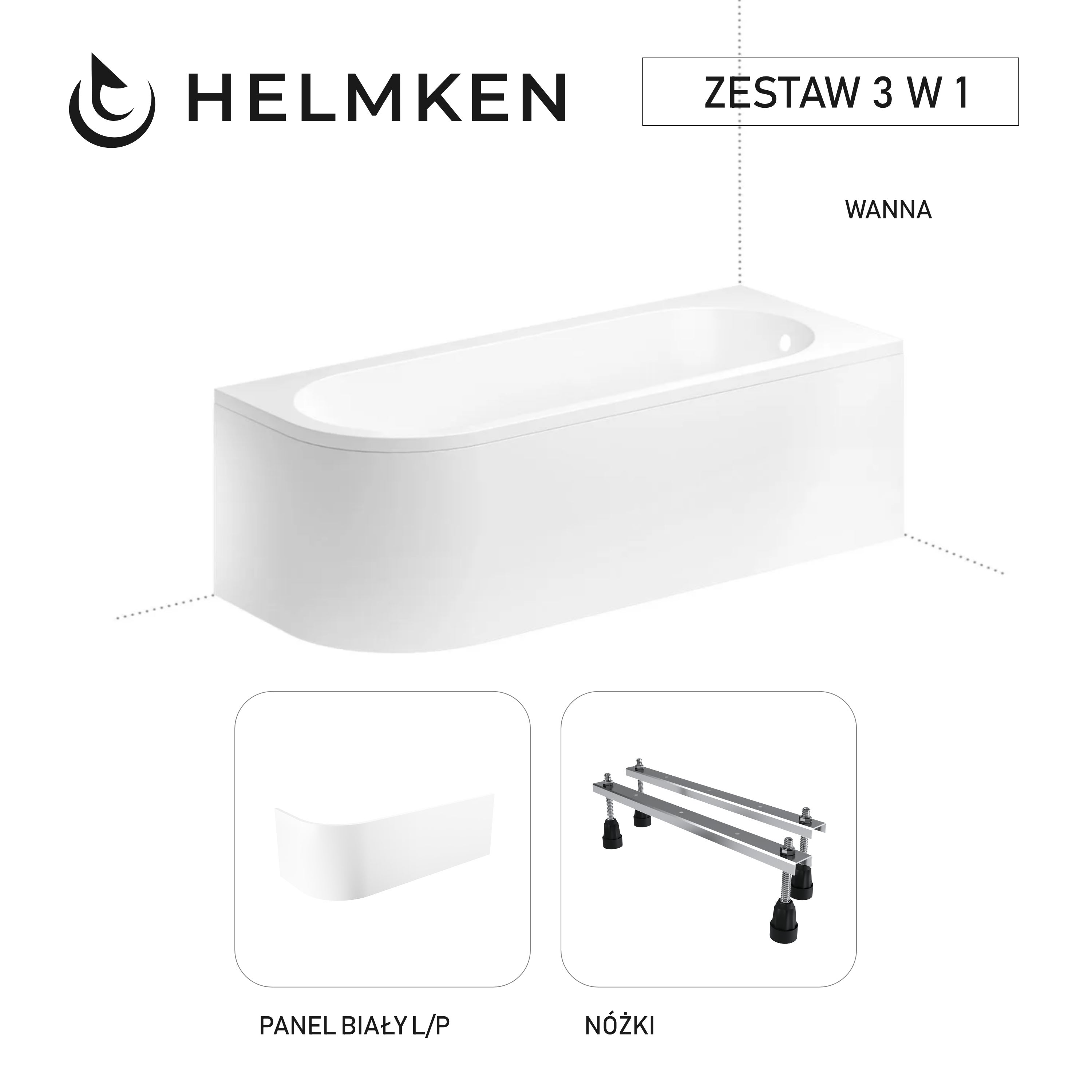 Wanna akrylowa narożna PRAWA 170x72 Helmken Monaco ze wzmocnionym korpusem + Panel biały + Nóżki / 3713170RZ