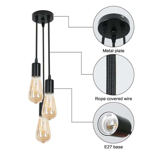 Lustre industriel, suspension en métal à 3 têtes, plafonnier vintage, hauteur réglable, pour salon, chambre, salle à manger, bar, café (sans ampoule) - 6
