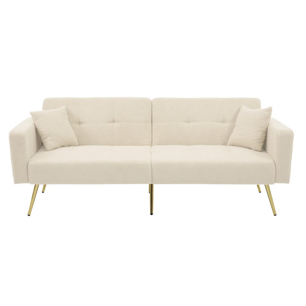 Sofa rozkładana, z regulowanym kątem, złote nogi, z poduszkami i kieszeniami bocznymi, beżowa
