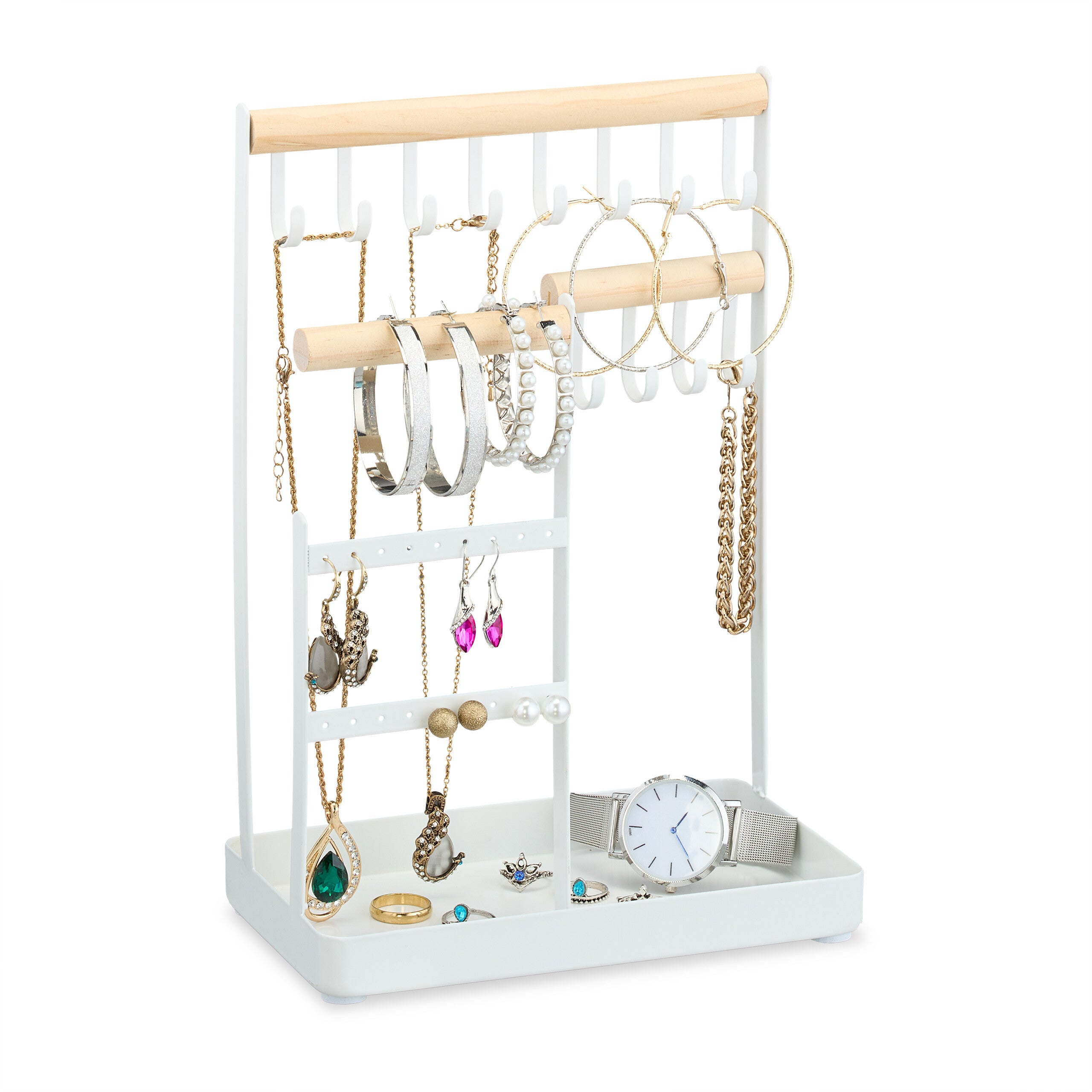 Porte-bijoux En Métal Doré Avec Base Blanche - Hauteur Réglable 37-56.6 Cm - Présentoir Colliers, Bracelets, Boucles D'oreilles