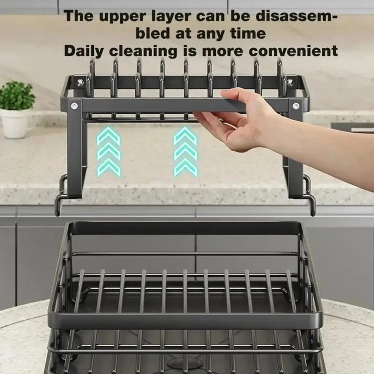Escurridor de platos ajustable de acero inoxidable de 2 niveles KAKET - Escurreplatos para platos y cuencos, organizador de cocina - 3
