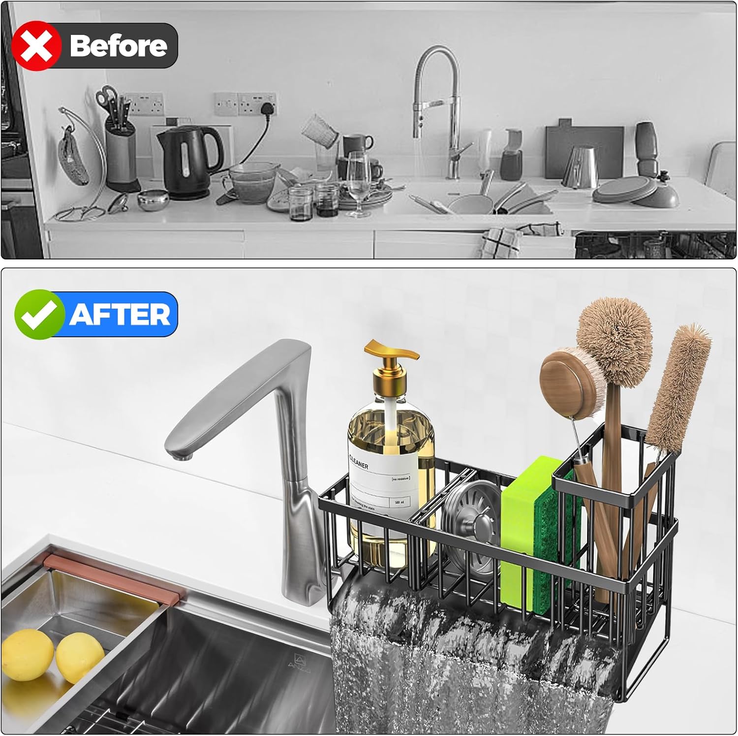 Uchwyt na gąbkę do zlewu kuchennego - Organizer ze stali nierdzewnej - z automatyczną tacką ociekową - Przechowywanie gąbek do zlewu kuchennego - Czar - 2