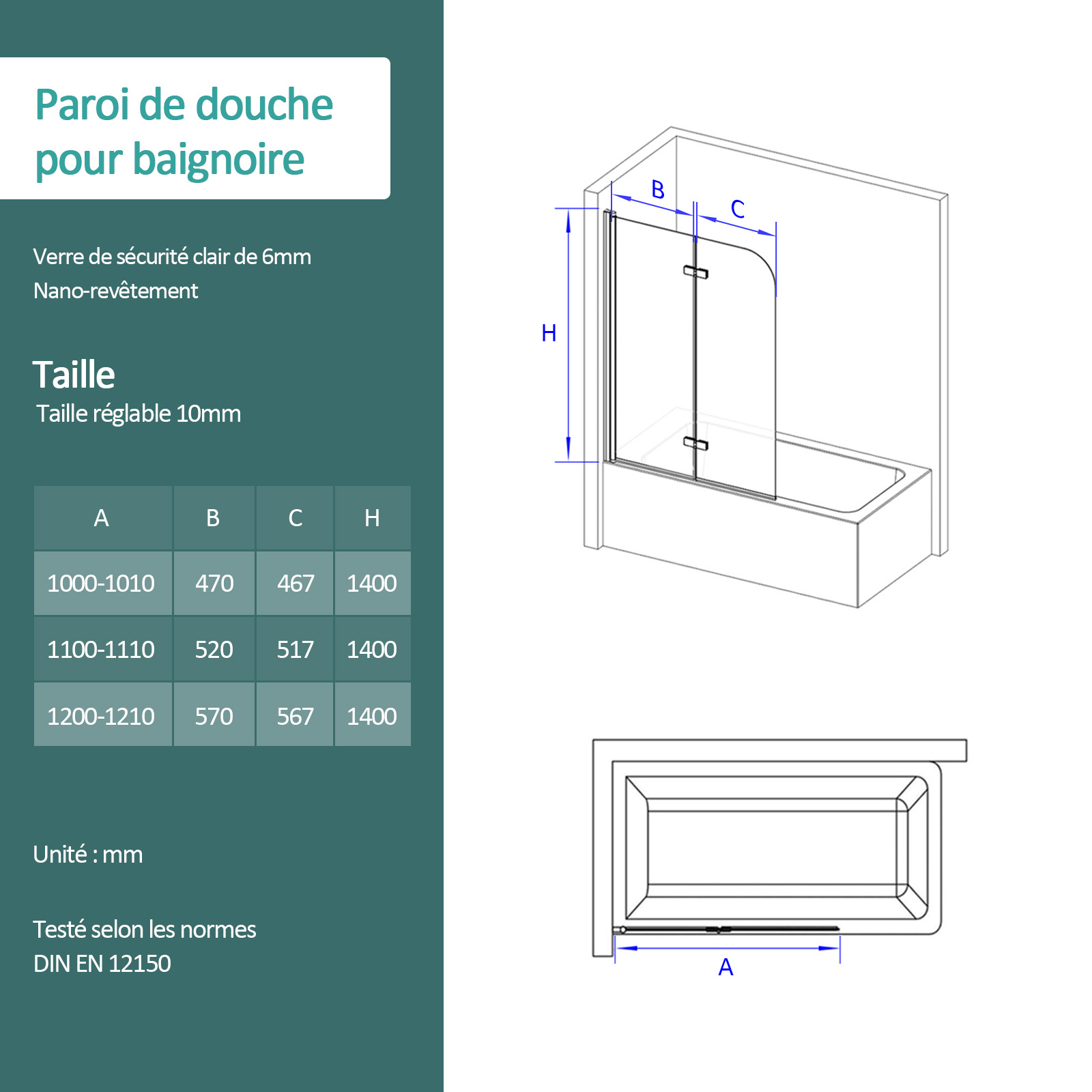 EMKE Pare de baignoire en 6 mm verre securit Paroi de douche pliable pour baignoire Revêtement Nano facile à nettoyer 100 x 140 cm - 7