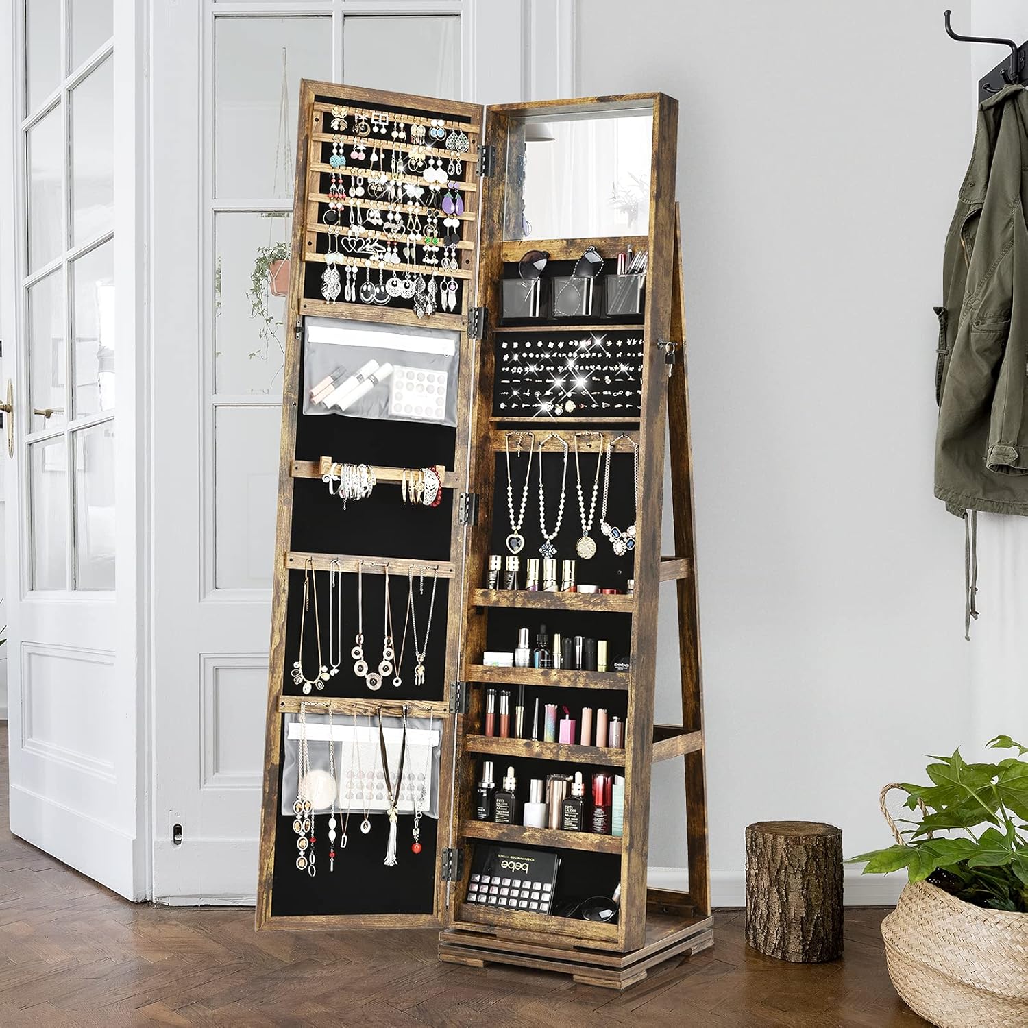 Armoire à Bijoux Pivotante à 360 Degrés sur Pieds,avec Grand Miroir Psyché et Etagère de Rangement à L’Arrière (Vintage) - 5