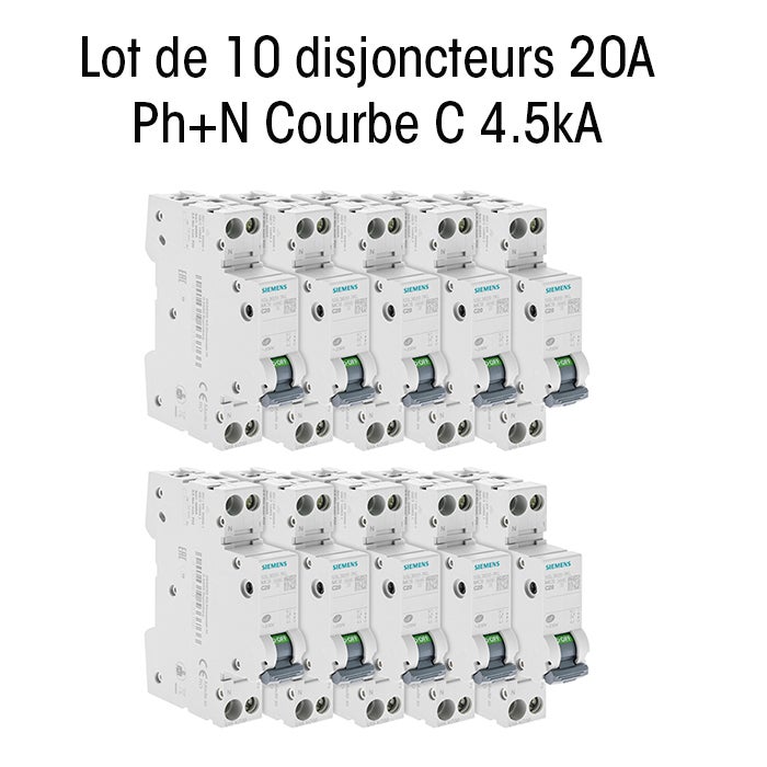 Lot de 10 disjoncteurs Siemens, 20A, courbe C, 4,5 kA, AC/DC, norme NF EN 60898, garantie 2 ans - 4