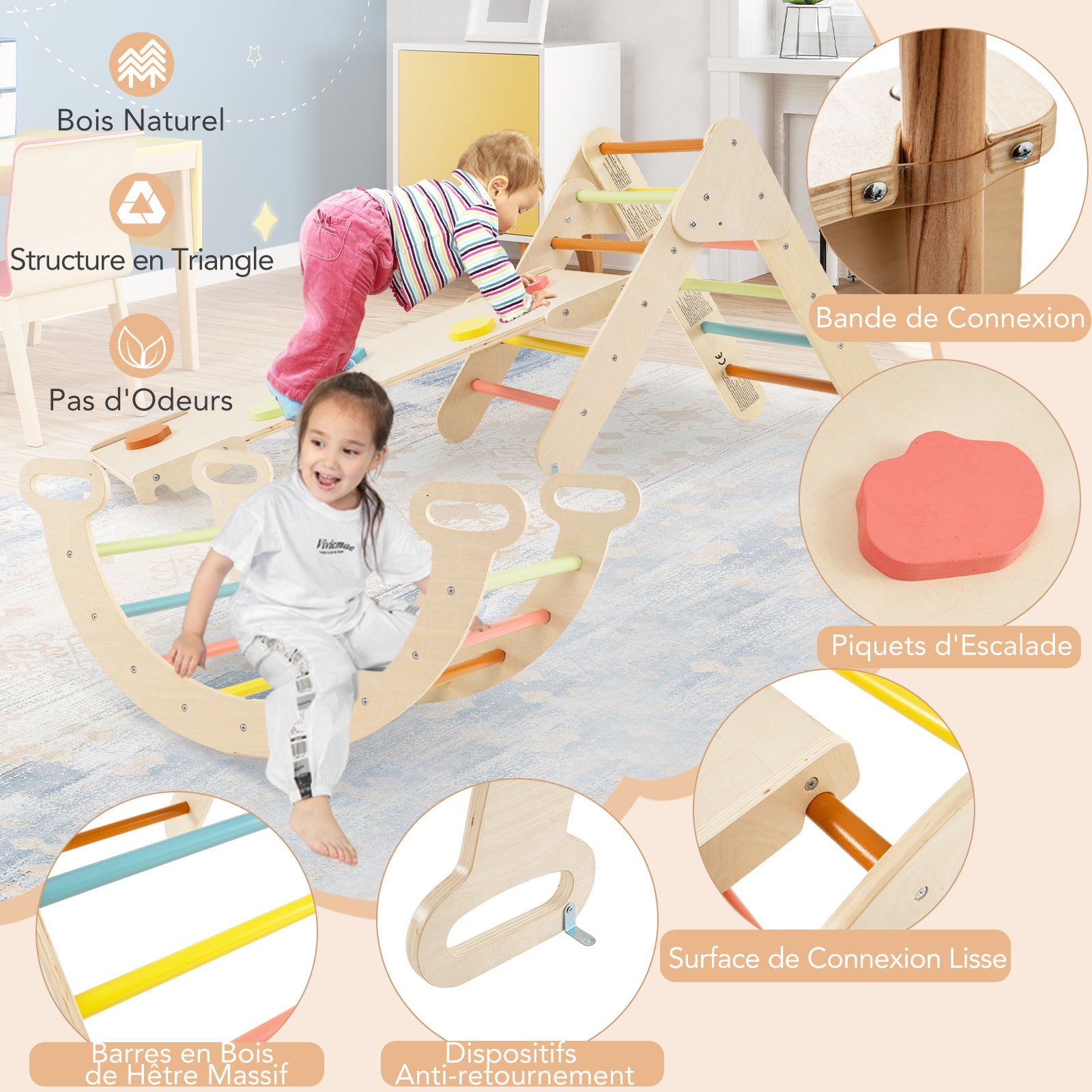 7 en 1 Triangle d'escalade Montessori Enfants avec Rampe, Arc d'escalade en Bois Hêtre avec Tente & Bascule & Échelle, Charge 50KG, pour 1 An + - 6