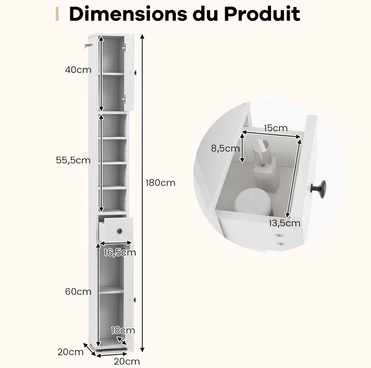 Meuble Colonne Salle de Bain, Meuble de Rangement avec 2 Placards à Porte, 1 Tiroir et 5 Étagères Réglables, 20 x 20 x 180 cm, Blanc Cérusé - 3