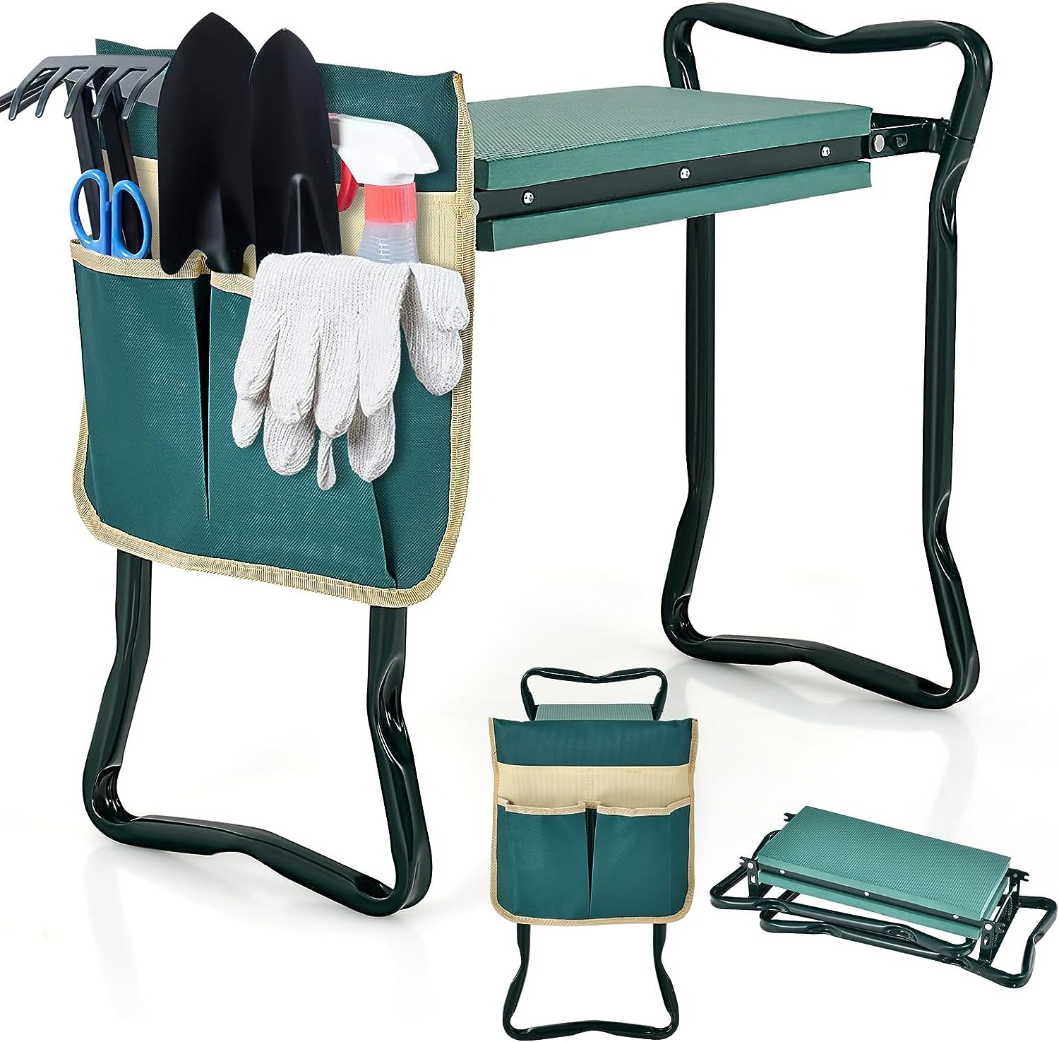 Ławka ogrodowa 2 w 1, stołek ogrodowy, stołek roboczy z poduszką EVA i 1 torbą na narzędzia, obciążenie do 150 kg, 58 x 27,5 x 50 cm, zielona