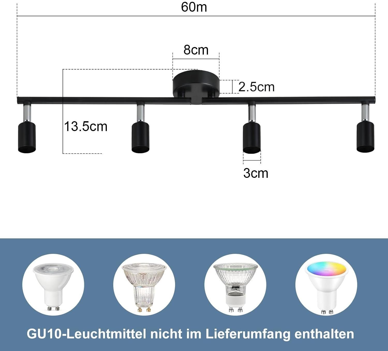 NETTLIFE Lámpara de Techo LED Negra de 4 Focos GU10 Lámpara Industrial Moderna Giratoria 330° para Pasillo Cocina Dormitorio Sala de Estar Infantil - 7