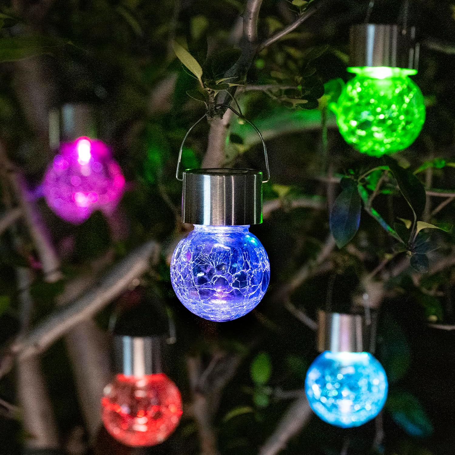 Zestaw 8 solarnych lamp wiszących: wielokolorowe kule z popękanego szkła, wodoszczelne lampy solarne do użytku zewnętrznego