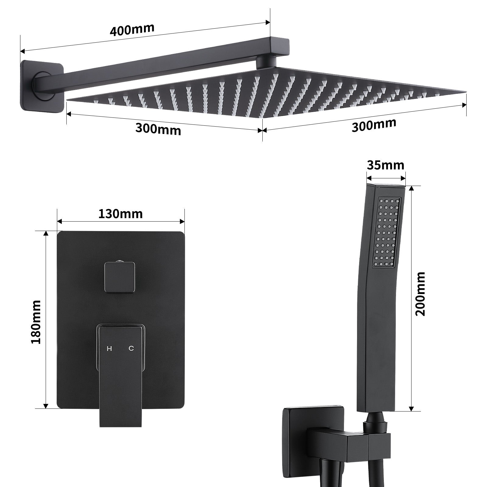 Colonne de Douche Encastrée Ensemble de Douche Mécanique avec Grande Tête de Douche Carrée 12