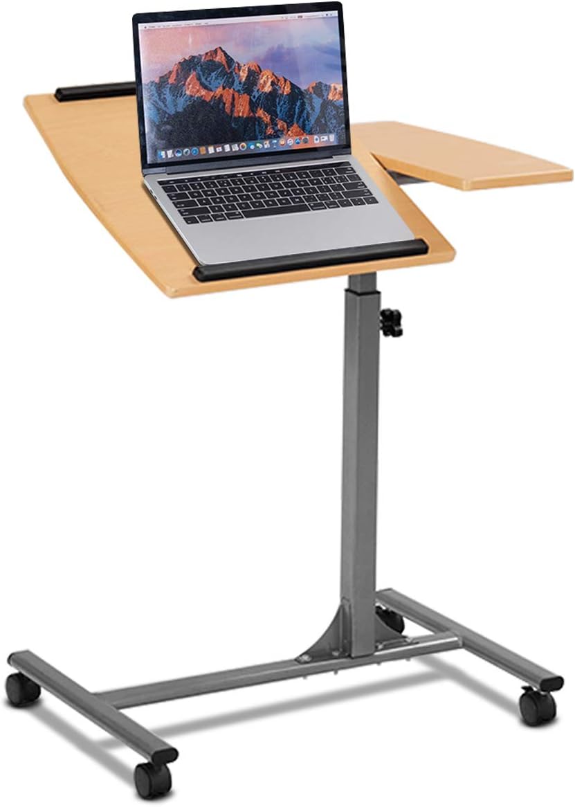 Przenośny Stolik pod Komputer na Kółkach, Regulowana Wysokość 66,4–93 cm, Odchylana Półka z Górnymi i Dolnymi Elementami, 64 x 45 x 71–93 cm