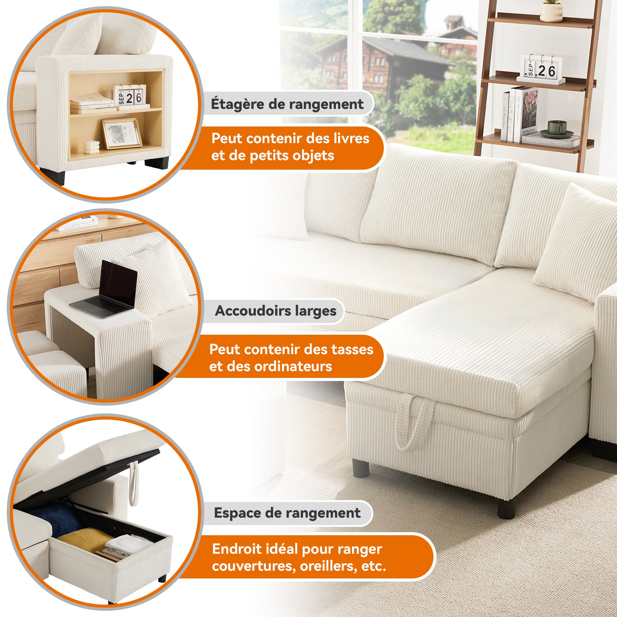 Canapé d'angle 3-4 places convertible en lit avec prise de USB et tablette latérale - 209 x 130 x 84 cm - Tissu Velours - 2 tabourets - beige - 5