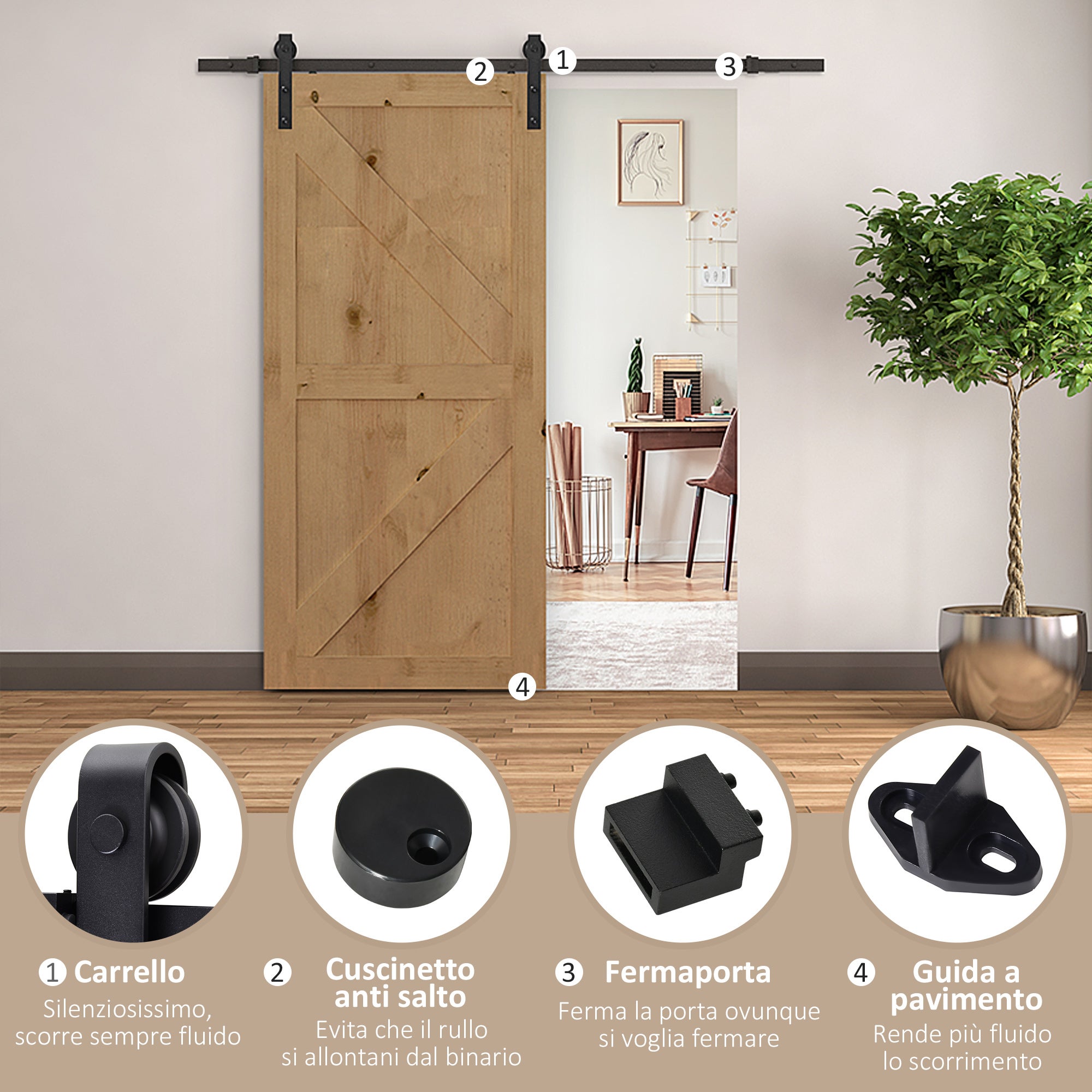 Kit d'accessoires pour rail de porte coulissante de 200 cm avec rail et roulettes, embouts style rustique, capacité de charge 90 kg, au carbone noir - 6