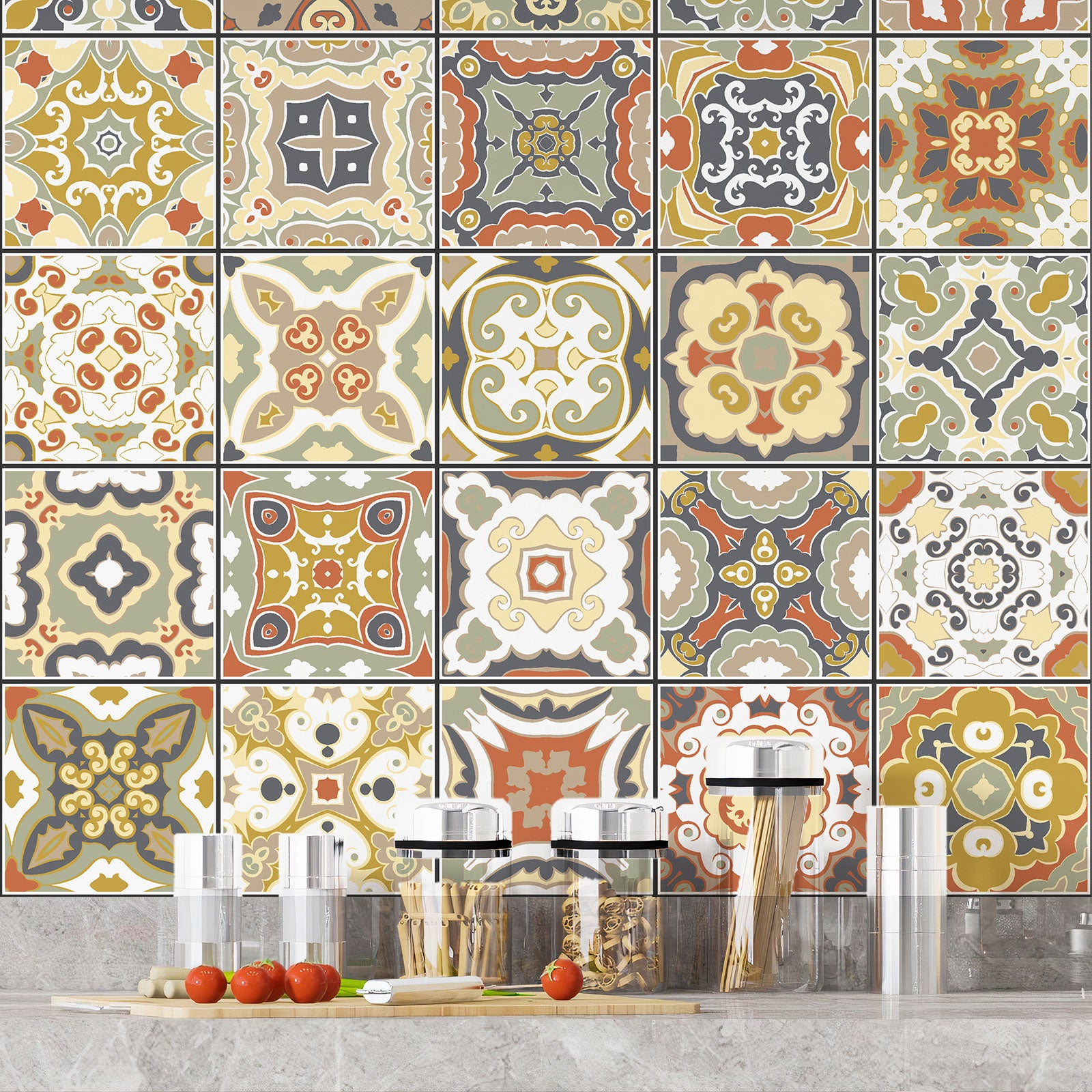 Crédence adhésive sticker décoratif pour cuisine - Effet carreaux de ciment - Adhésif MAT - 60x60 cm - 4