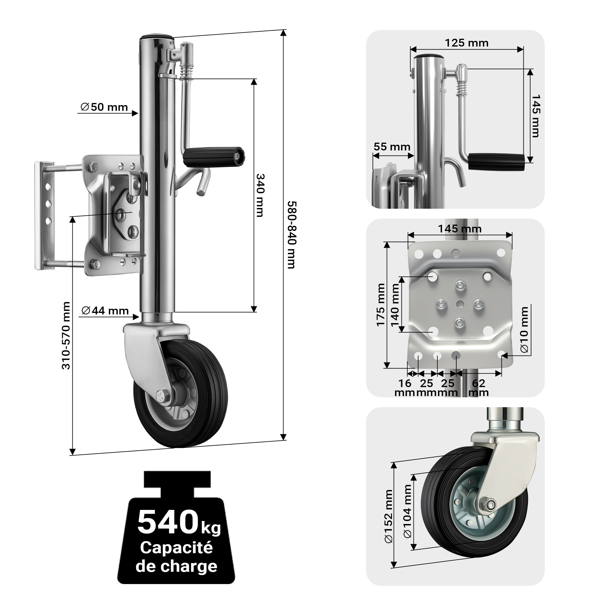 Roue jockey Charge lourde – Capacité max. 540 kg – Hauteur de levage max. 260 mm – en Acier galvanisé – avec Manivelle – Roulette avant… XPOtool - 3