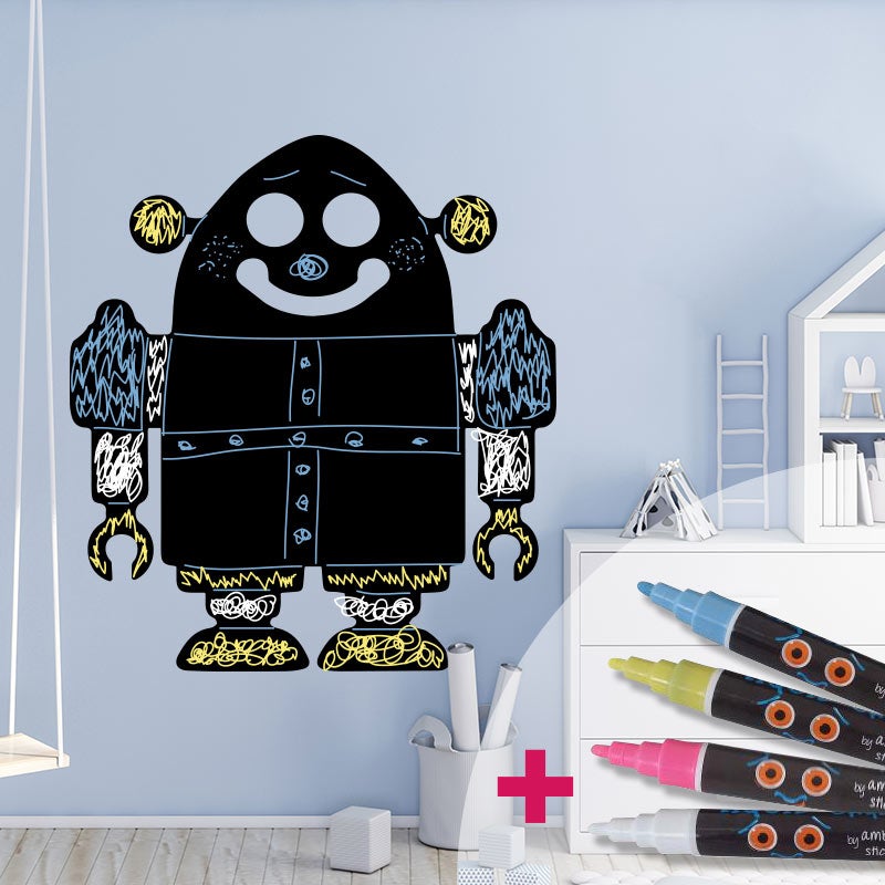 Vinilo pizarra robot + 4 tizas liquidas - adhesivo de pared - revestimiento sticker mural decorativo - 60x55cm
