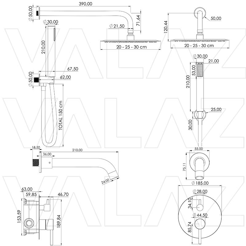 Valaz Soffione doccia da incasso nero opaco - Serie Jucar - 25 cm - 2