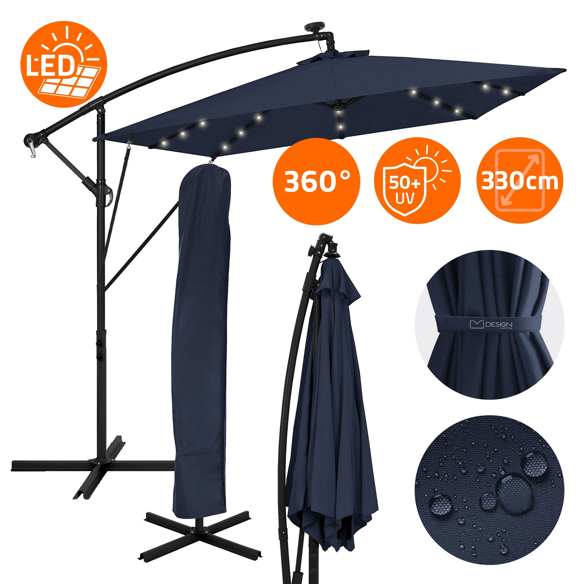 ML-Design parasol ogrodowy ø330cm led solar granatowy aluminiowy z korbką uv50+ wodoodporny obrotowy 360° markiza przeciwsłoneczna taras ogród balkon