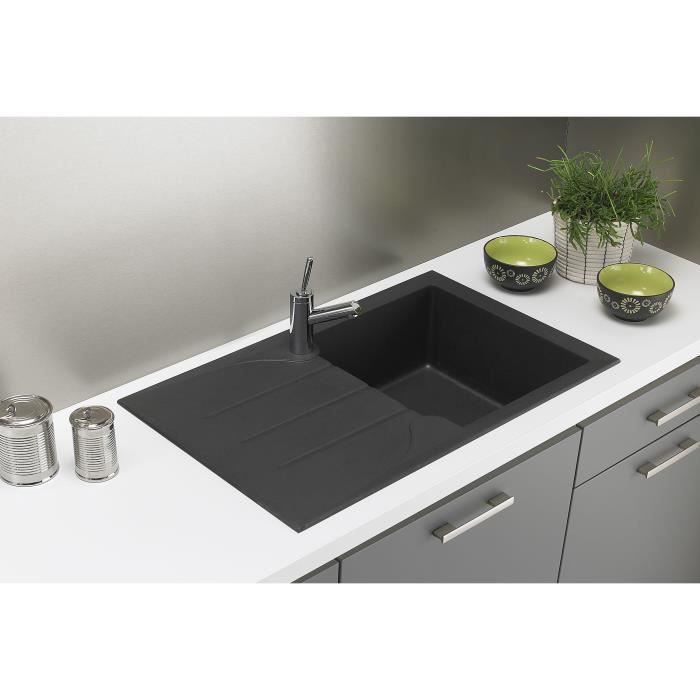 STRADOUR Evier cuisine a encastrer 1 bac + 1 égouttoir Aloa - Résine - 81 x 50 cm - Noir - 4