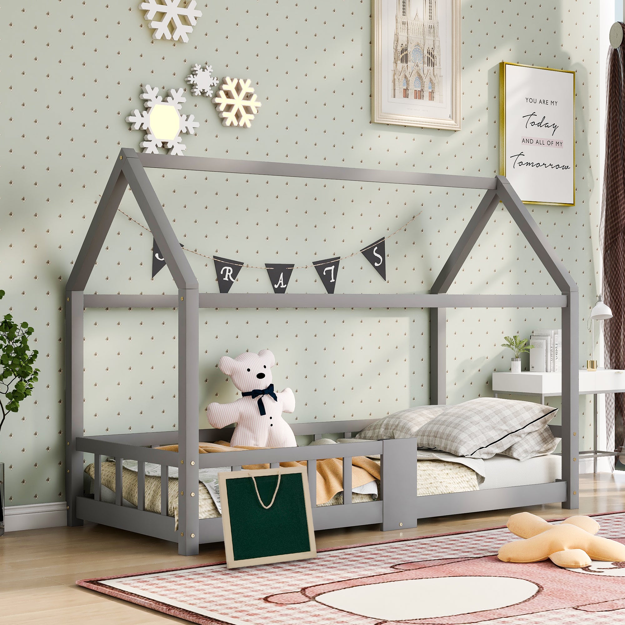 Lit Cabane Montessori Enfant 90x190 Cm - Lit De Sol En Bois Massif Pin Avec Barrières Anti-Chute, Style Naturel