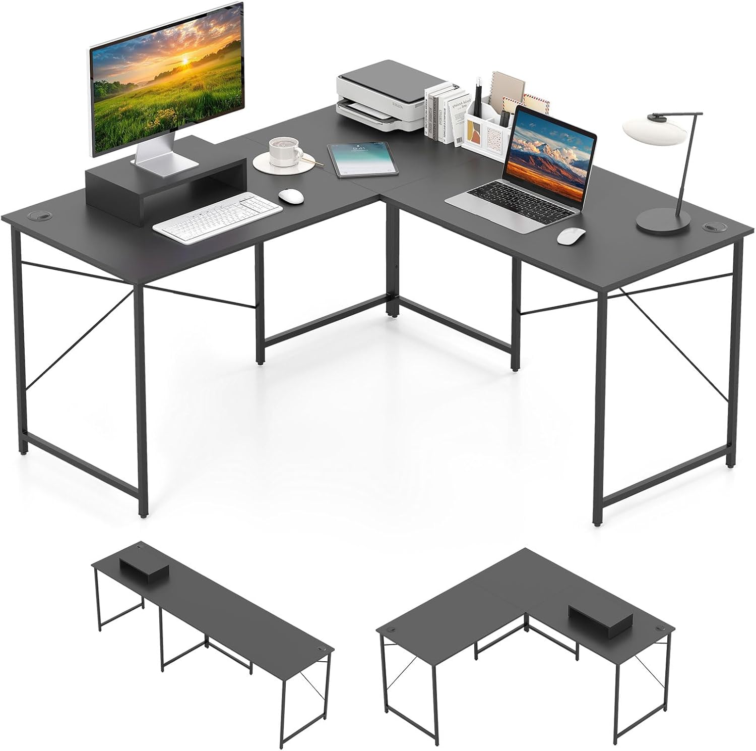 Scrivania a L con stazione di ricarica, scrivania angolare per computer con supporto per monitor e ripiani, per ufficio domestico, ufficio, bianco | Leroy Merlin
