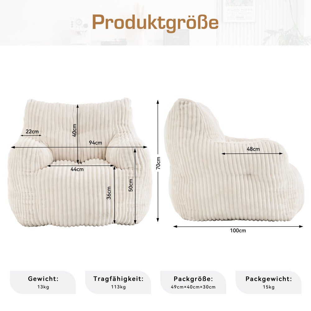 Fauteuil poire beige en velours côtelé, rembourrage mousse, chaise lounge confortable, tissu doux, siège salon chambre, design moderne - 2